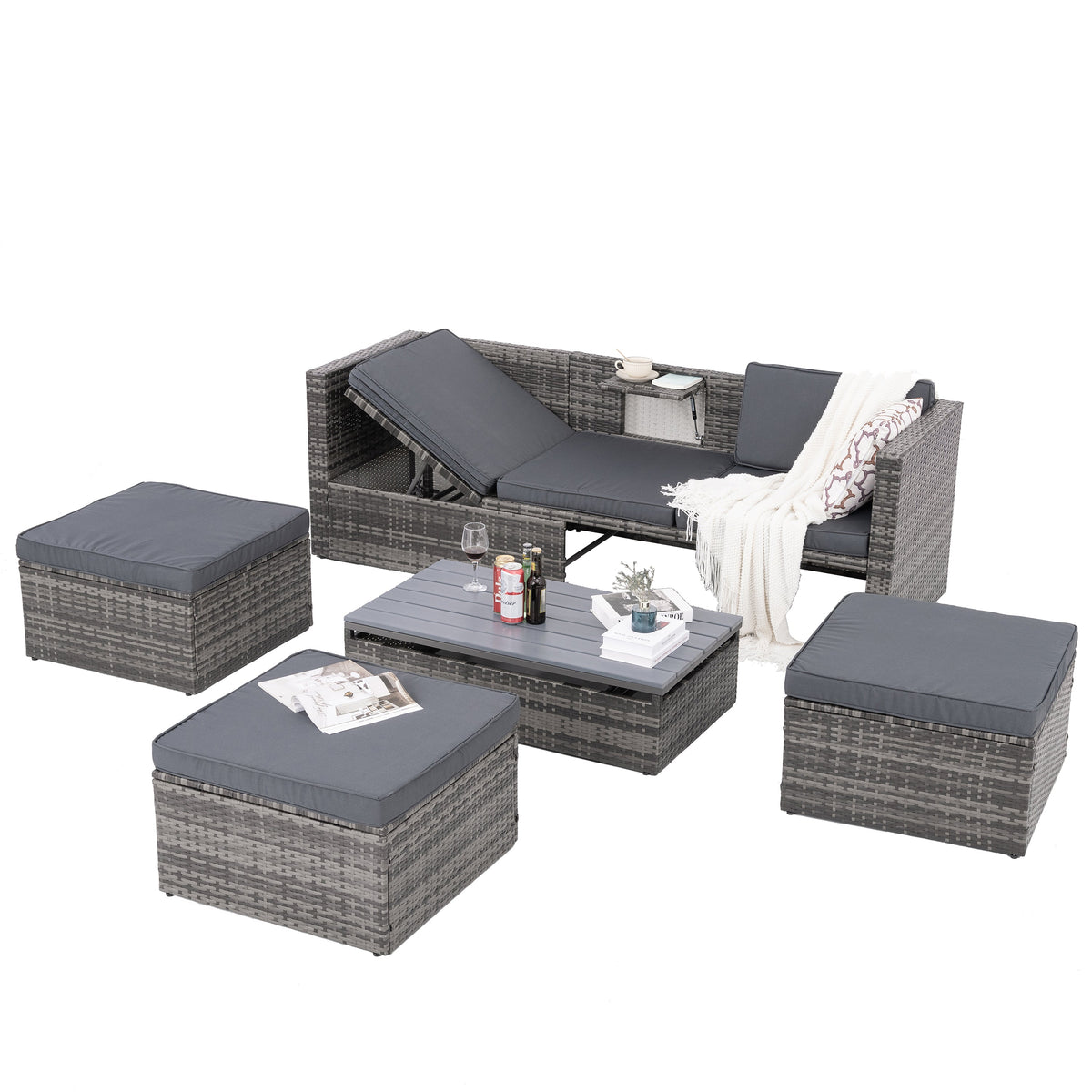 5-Piece PE Rattan Patio Set with Lift-Top Table