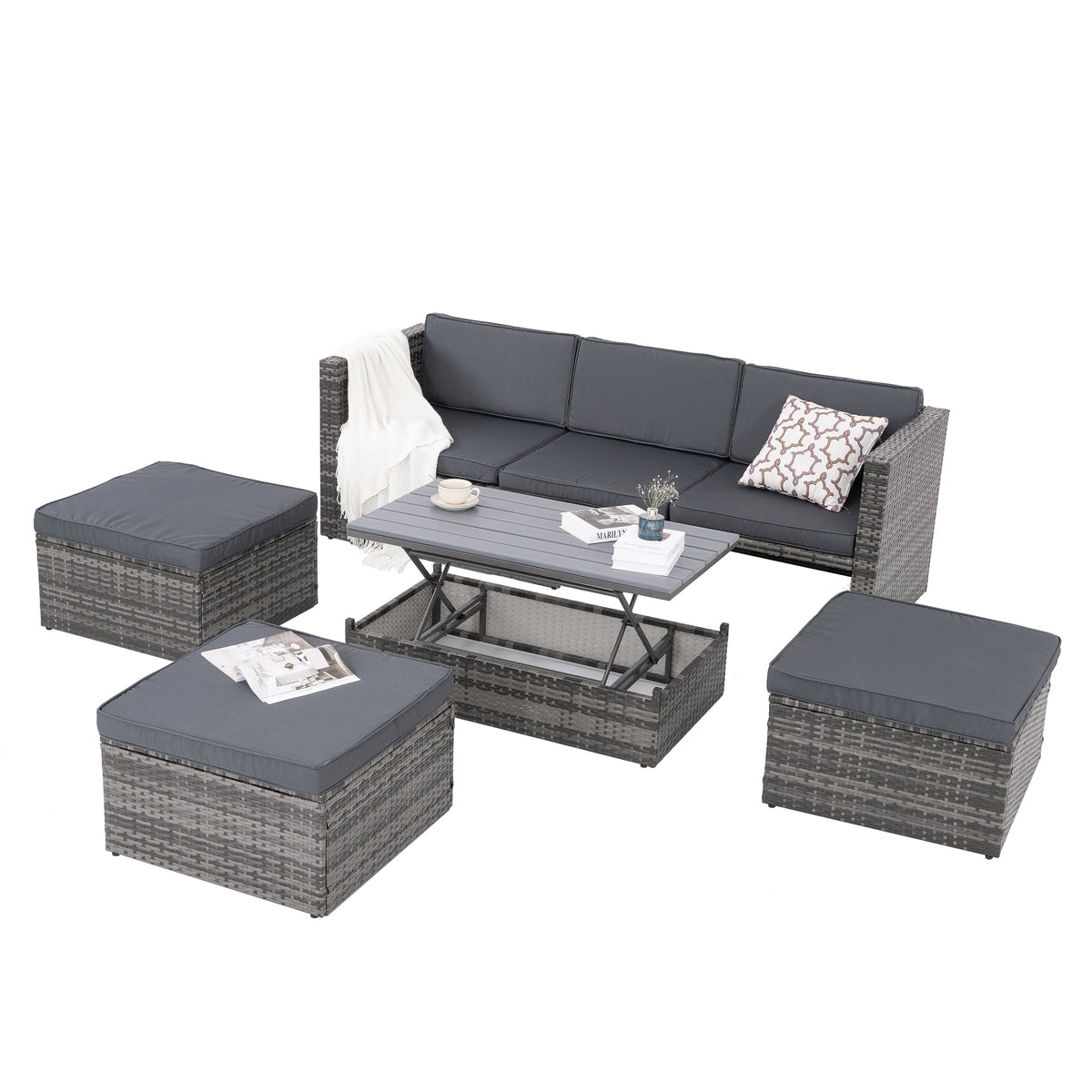 5-Piece PE Rattan Patio Set with Lift-Top Table