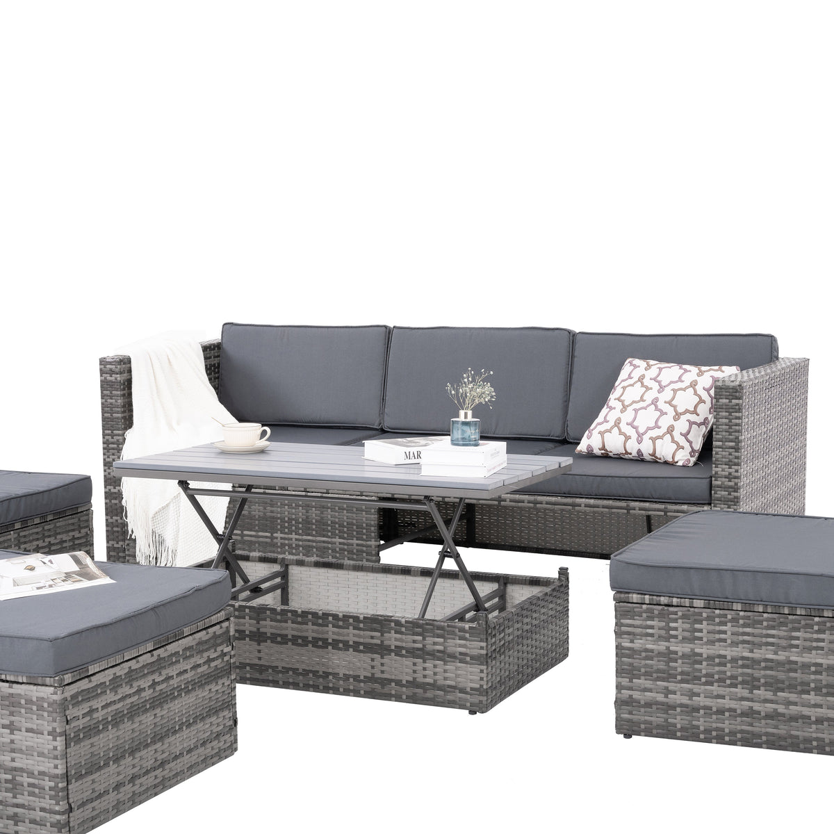 5-Piece PE Rattan Patio Set with Lift-Top Table