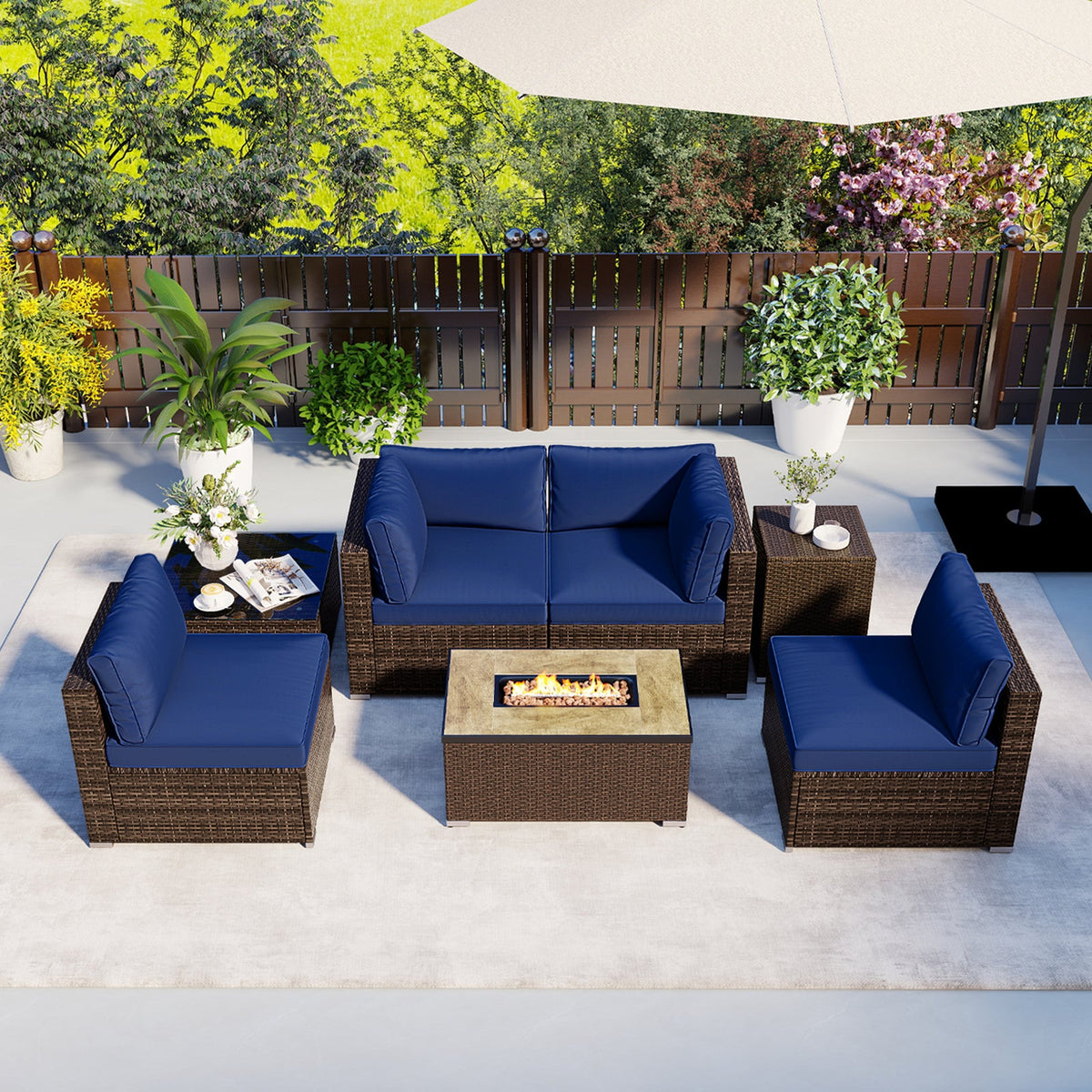 7 Pieces Outdoor Furniture Set with 32 Inch Fire Pit Table and Propane Tank Cover
