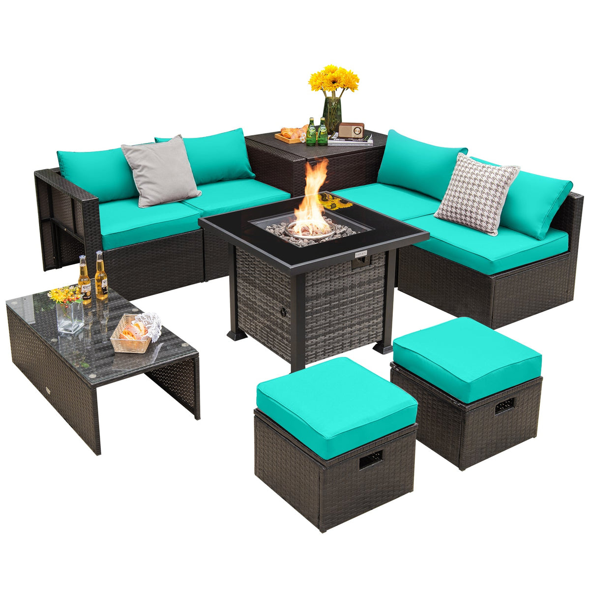 DirectDeals 9-Piece Patio Set with Propane Fire Pit Table
