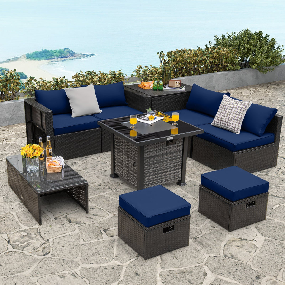DirectDeals 9-Piece Patio Set with Propane Fire Pit Table