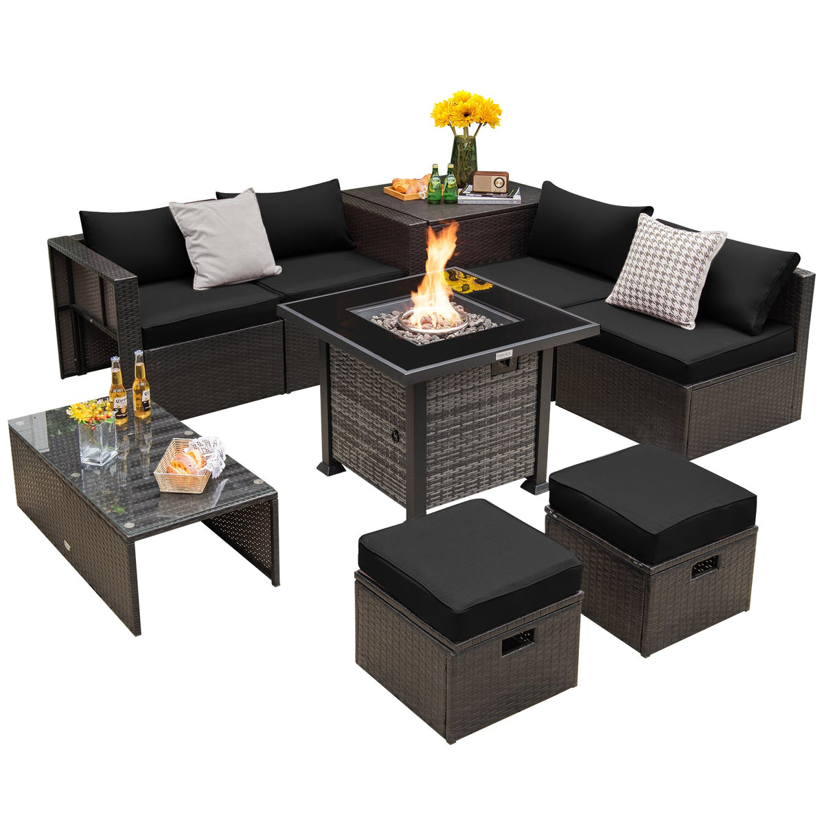 DirectDeals 9-Piece Patio Set with Propane Fire Pit Table