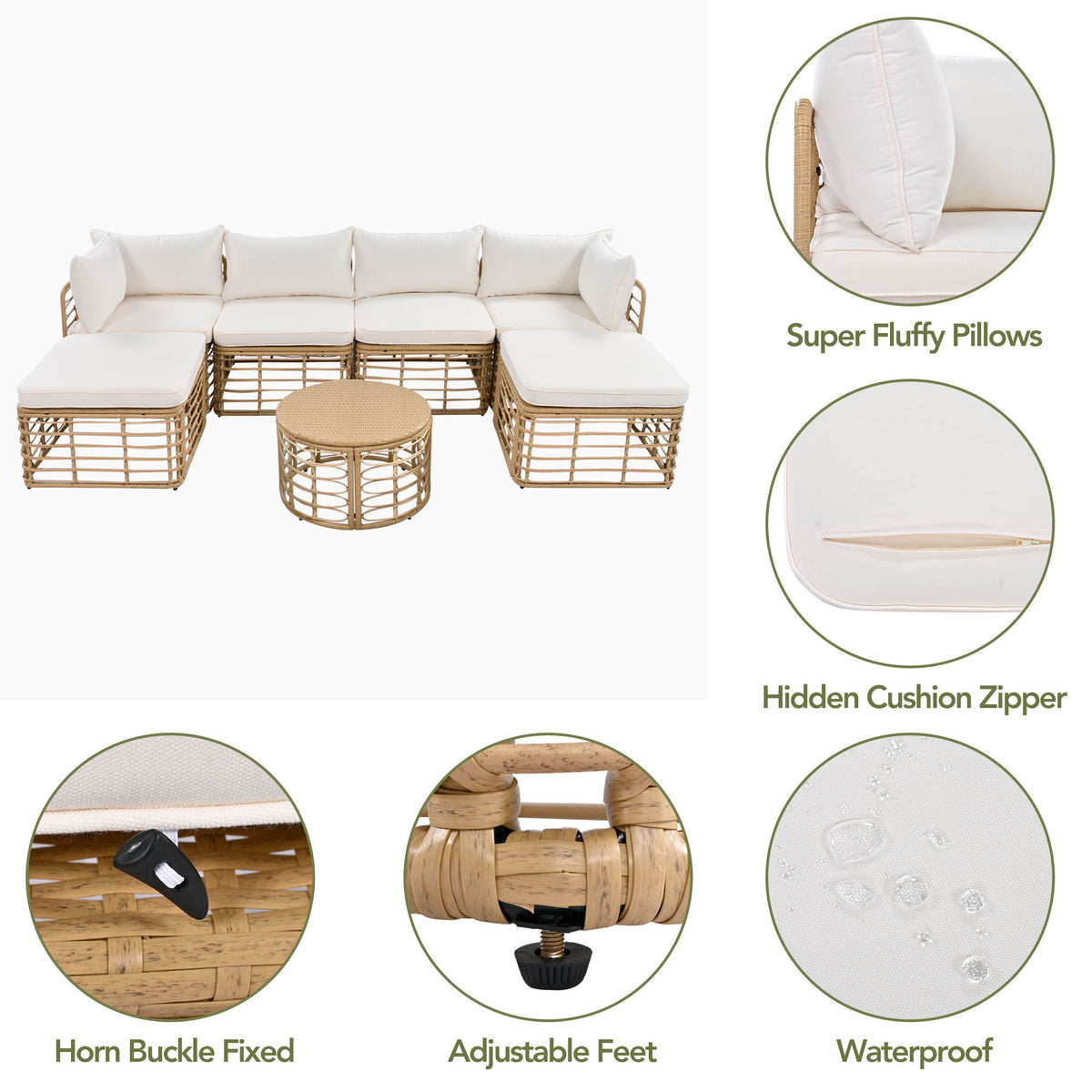 7-Piece Rattan Patio Sectional Set with Coffee Table