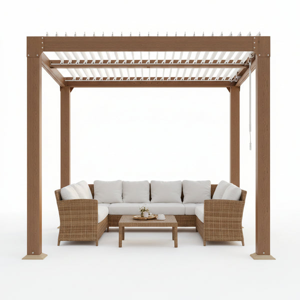 Louvered Pergola 10 Ft X10', Outdoor Pergola with Adjustable Louvered Roof, Reinforced Aluminum Frame, Integrated Drainage System, Hardtop Gazebo for Patio, Deck, Wood Grain