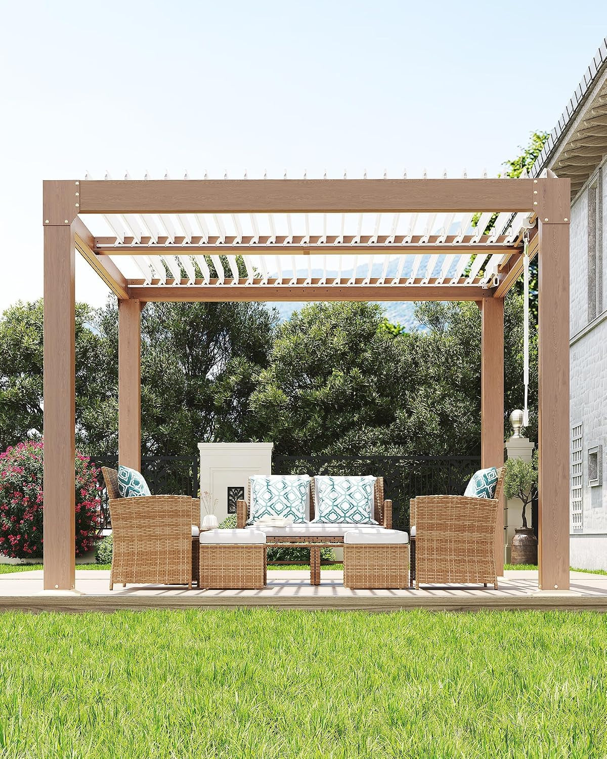 Louvered Pergola 10 Ft X10', Outdoor Pergola with Adjustable Louvered Roof, Reinforced Aluminum Frame, Integrated Drainage System, Hardtop Gazebo for Patio, Deck, Wood Grain — product view 8