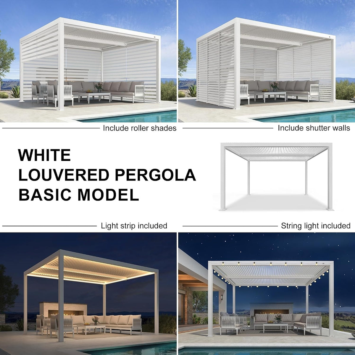 Louvered Pergola Modern White Pergola with Adjustable Roof for Deck Backyard Garden — product view 3