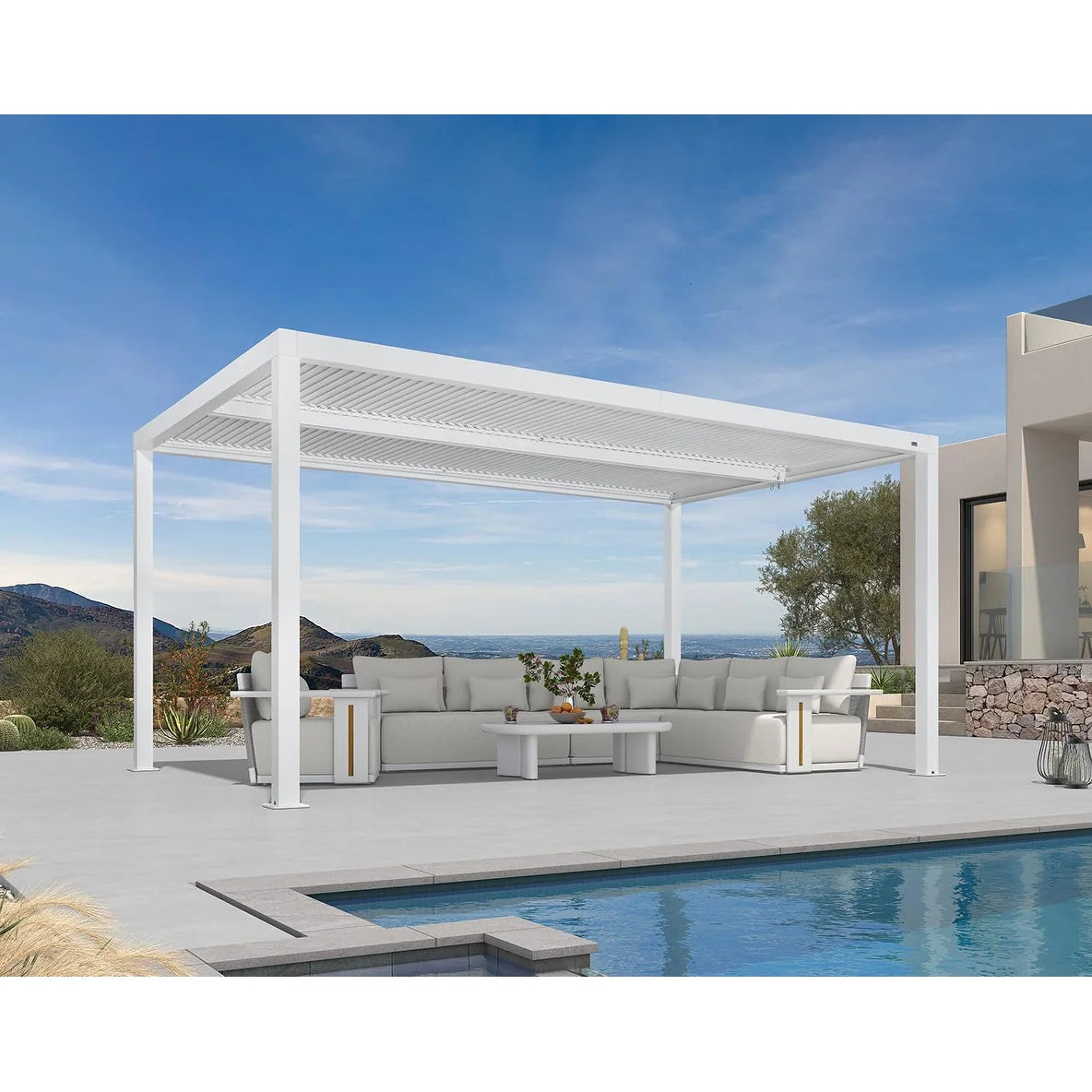 Louvered Pergola Modern White Pergola with Adjustable Roof for Deck Backyard Garden — product view 64