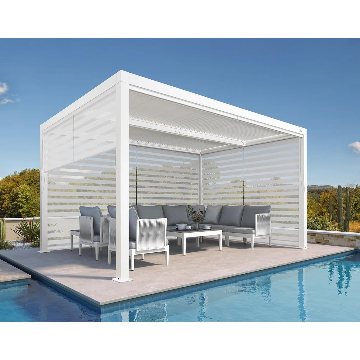 Louvered Pergola Modern White Pergola with Adjustable Roof for Deck Backyard Garden — product view 68