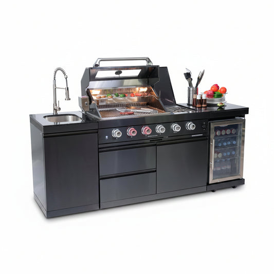 Outdoor Kitchen Island Gas Grill System 4 Burner BBQ Island with Rotisserie Kit, Integrated Sink, Wine Cooler & Granite Countertop