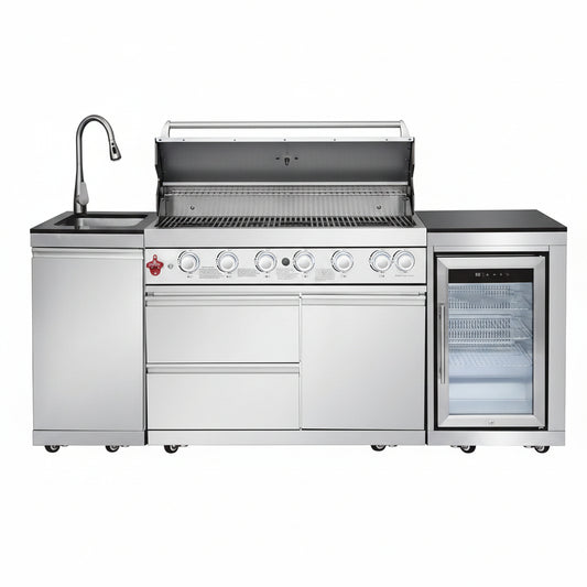 Outdoor Kitchen Island with Built in Grill, 6 Burner 83500 BTU Stainless Steel Gas Barbecue Island, Patio Cooking Station with Sink & Wine Cooler, Built in Grill Island for Backyard (Silver)
