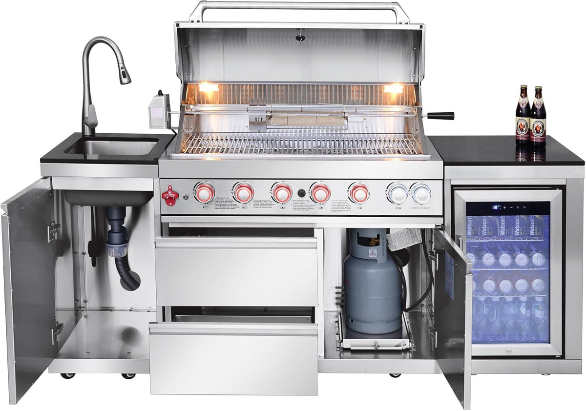 Outdoor Kitchen Island with Built in Grill, 6 Burner 83500 BTU Stainless Steel Gas Barbecue Island, Patio Cooking Station with Sink & Wine Cooler, Built in Grill Island for Backyard (Silver) — product view 2