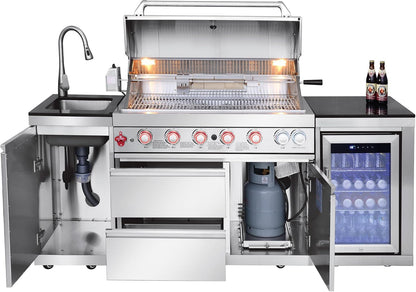Outdoor Kitchen Island with Built in Grill, 6 Burner 83500 BTU Stainless Steel Gas Barbecue Island, Patio Cooking Station with Sink & Wine Cooler, Built in Grill Island for Backyard (Silver) — product view 2