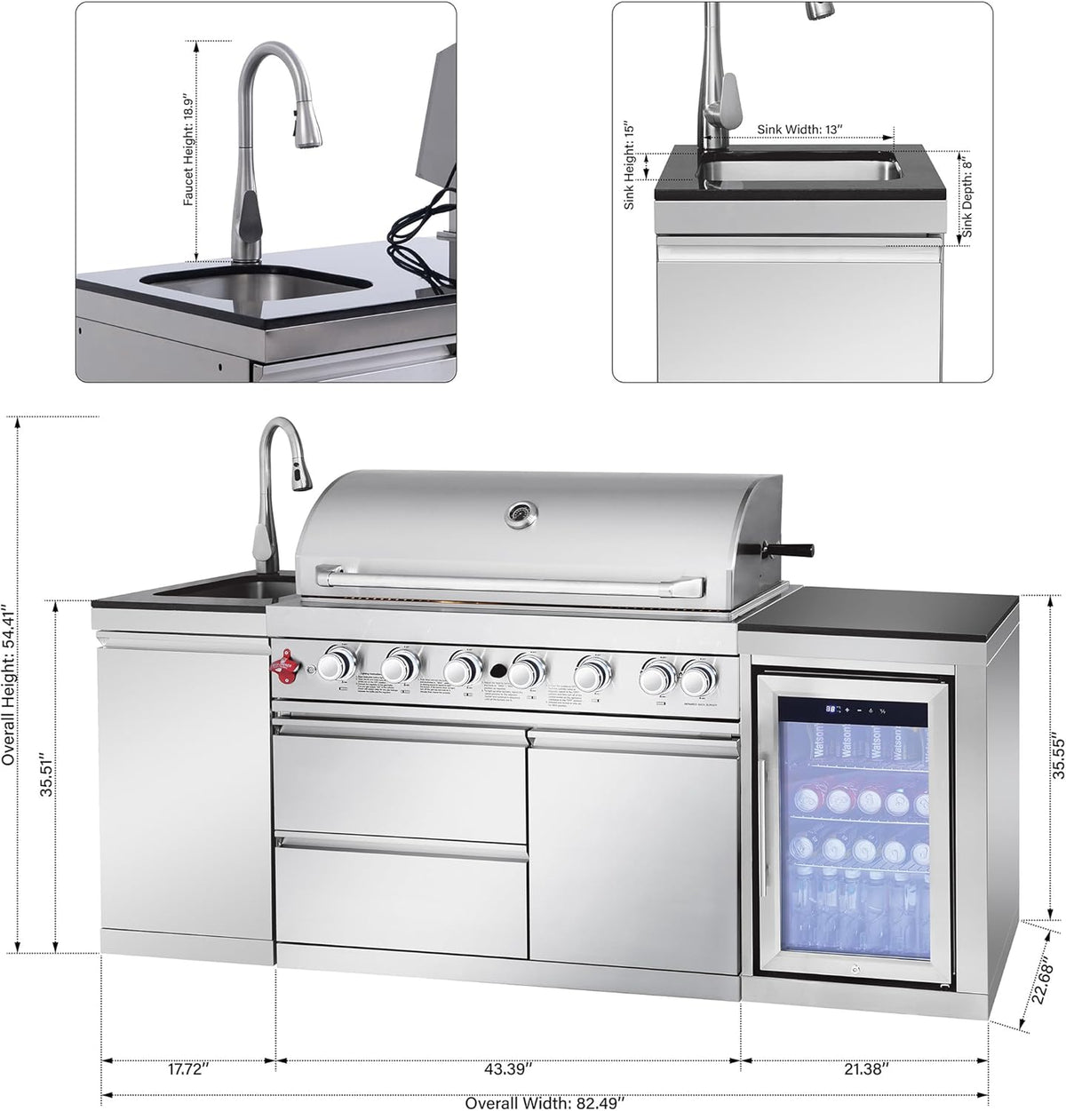 Outdoor Kitchen Island with Built in Grill, 6 Burner 83500 BTU Stainless Steel Gas Barbecue Island, Patio Cooking Station with Sink & Wine Cooler, Built in Grill Island for Backyard (Silver) — product view 3