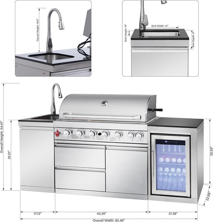 Outdoor Kitchen Island with Built in Grill, 6 Burner 83500 BTU Stainless Steel Gas Barbecue Island, Patio Cooking Station with Sink & Wine Cooler, Built in Grill Island for Backyard (Silver) — product view 3