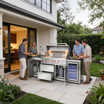Outdoor Kitchen Island with Built in Grill, 6 Burner 83500 BTU Stainless Steel Gas Barbecue Island, Patio Cooking Station with Sink & Wine Cooler, Built in Grill Island for Backyard (Silver) — product view 4