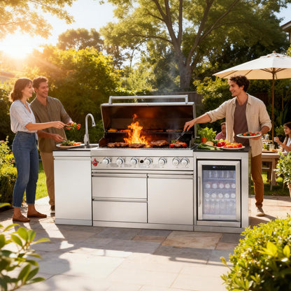 Outdoor Kitchen Island with Built in Grill, 6 Burner 83500 BTU Stainless Steel Gas Barbecue Island, Patio Cooking Station with Sink & Wine Cooler, Built in Grill Island for Backyard (Silver) — product view 5