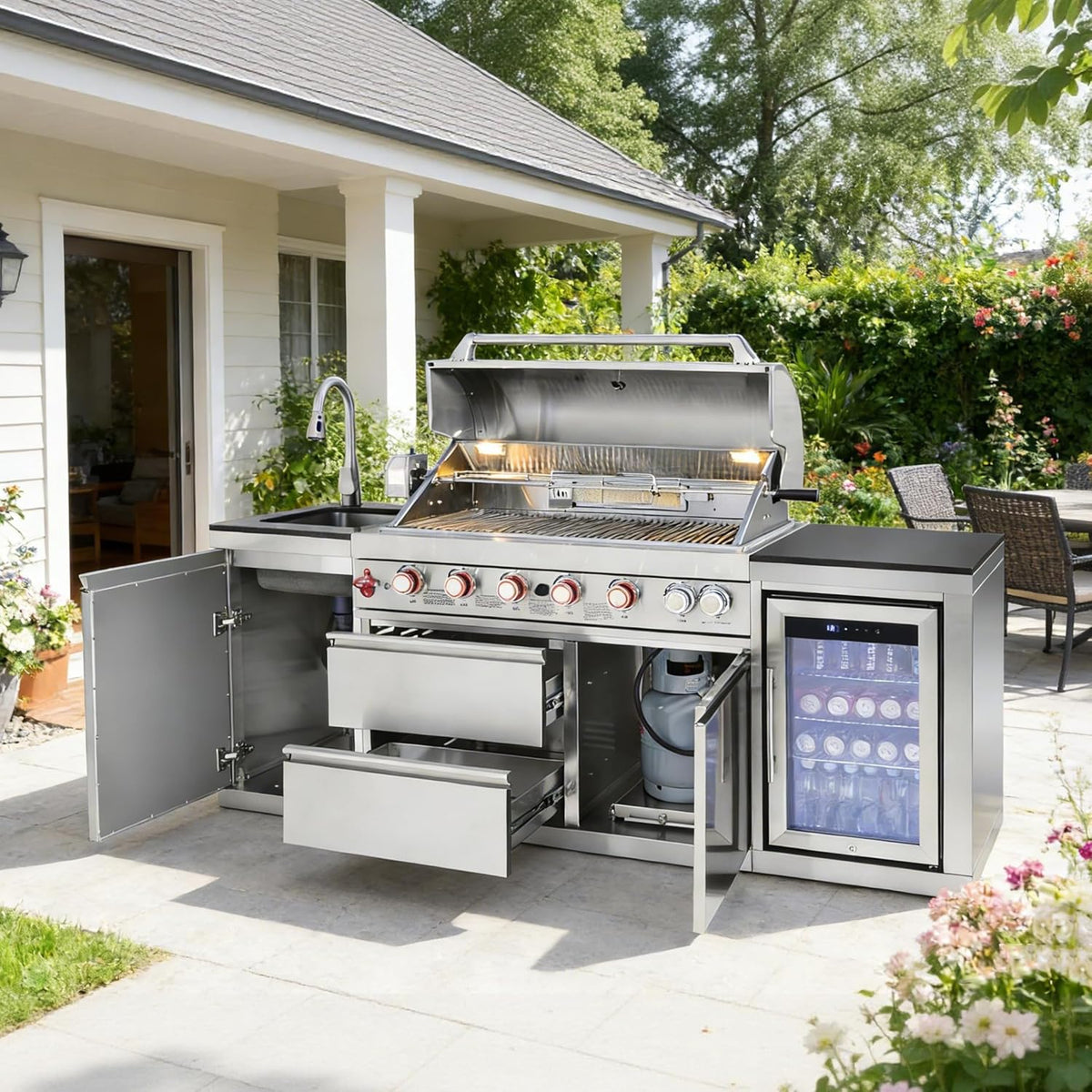 Outdoor Kitchen Island with Built in Grill, 6 Burner 83500 BTU Stainless Steel Gas Barbecue Island, Patio Cooking Station with Sink & Wine Cooler, Built in Grill Island for Backyard (Silver) — product view 6