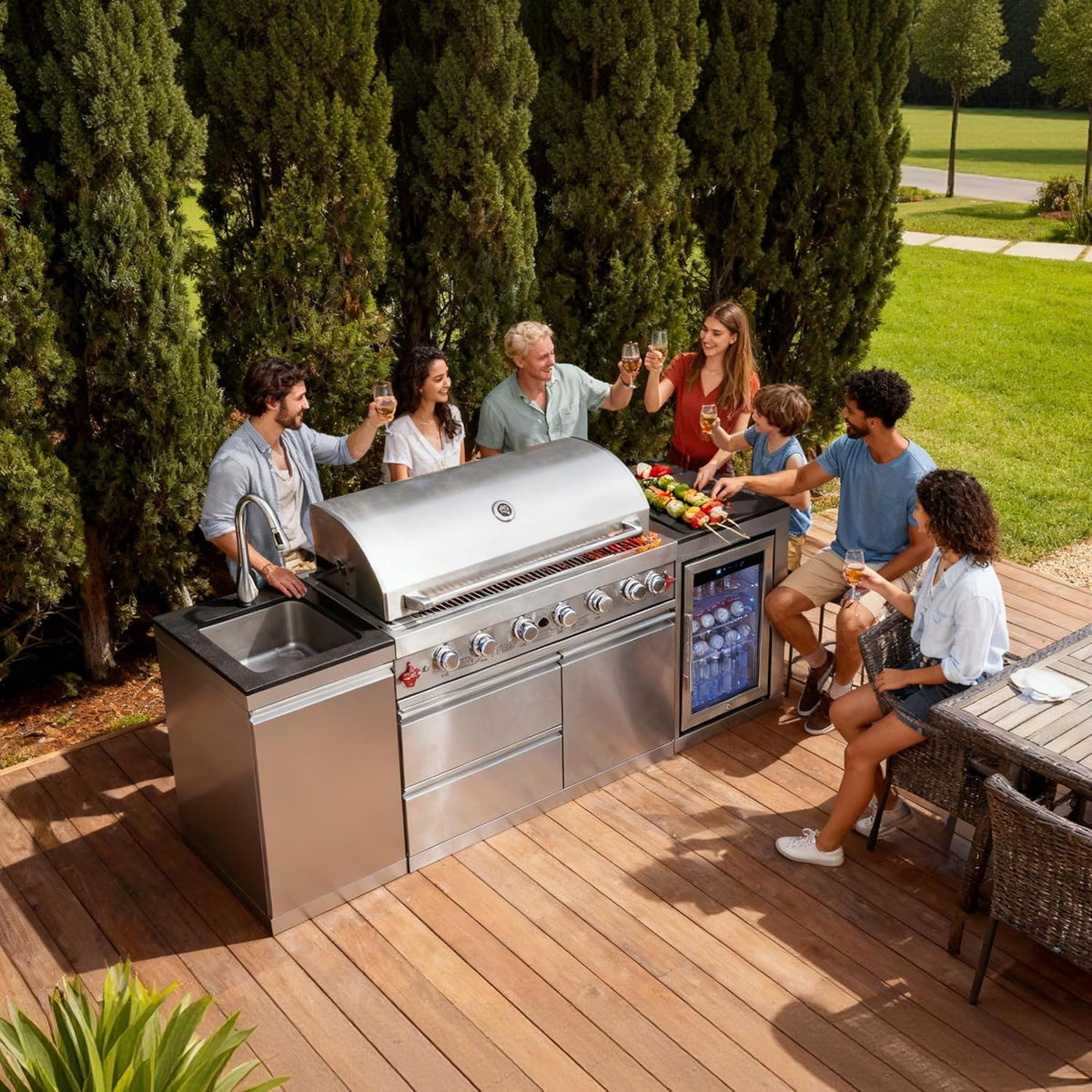 Outdoor Kitchen Island with Built in Grill, 6 Burner 83500 BTU Stainless Steel Gas Barbecue Island, Patio Cooking Station with Sink & Wine Cooler, Built in Grill Island for Backyard (Silver) — product view 7