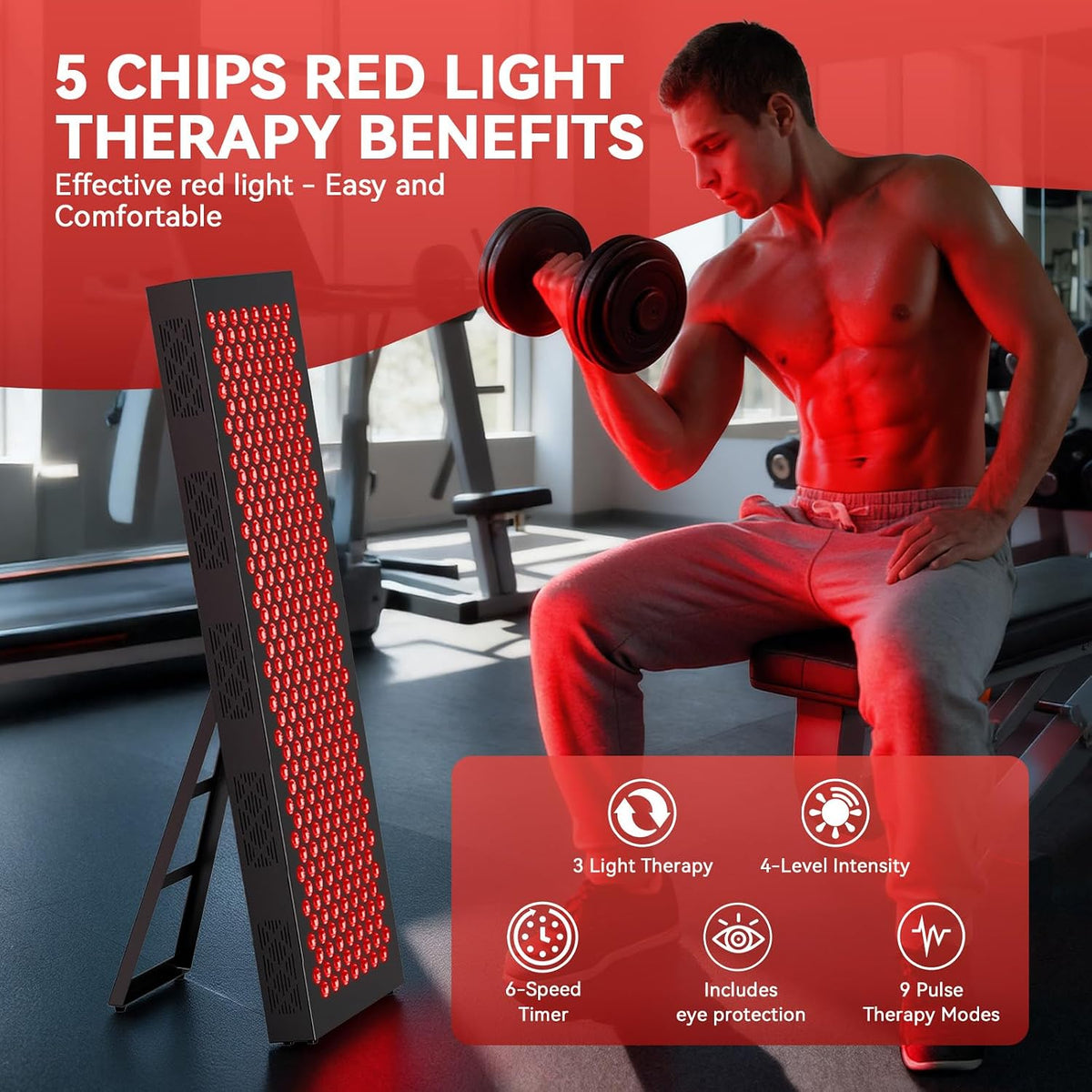 Red Light Therapy Box, 5In1 LED with 630-660-810-830-850, Metal Case, 3 Modes Red Light Panel with Soft Belt, 6 Timing Set - 9 Pulse Modes - 4-Level - Red Light Therapy Panel for Body — product view 3